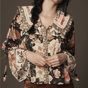 Farm Rio Long-Sleeve Collared Embroidered Blouse